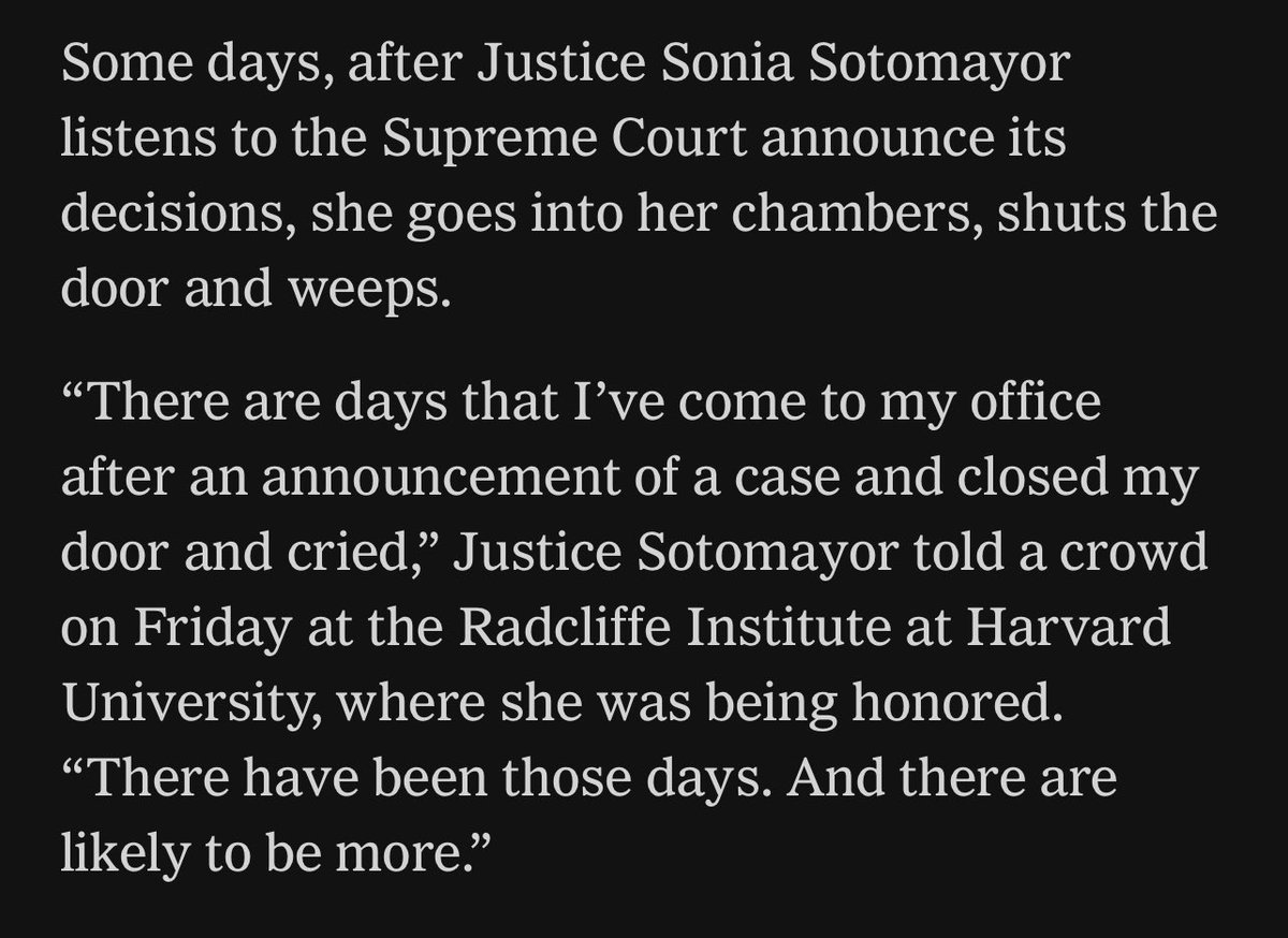 Justice Sotomayor using her annual pre-June public talk to give a barely veiled warning that the Supreme Court is about to do some truly terrible things nytimes.com/2024/05/24/us/…