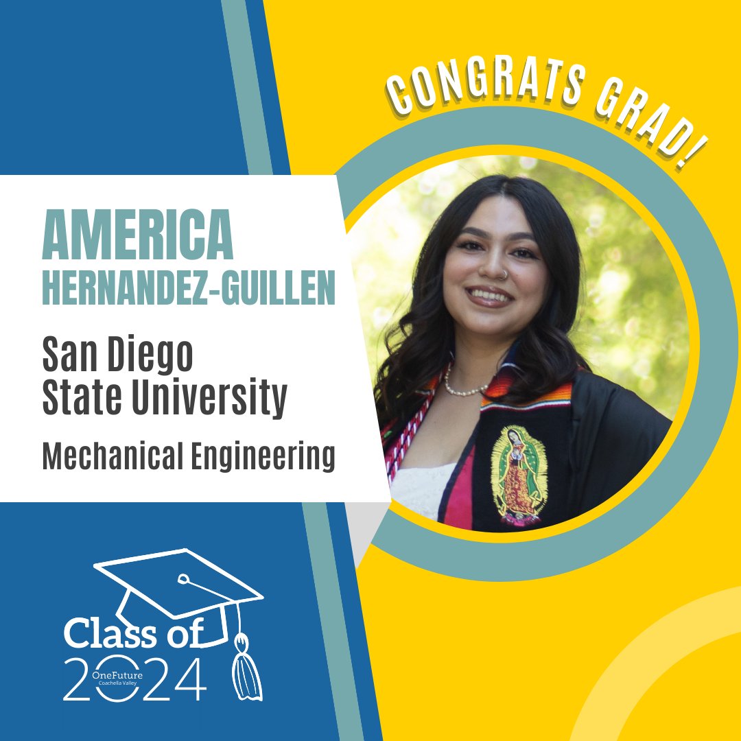 Congrats to OneFuture Alum, America Hernandez-Guillen! 👏 After graduating from La Quinta High, America pursued her studies at San Diego State @SDSU, where she earned a Bachelor of Science degree in Mechanical Engineering. 🎓

@bgcvclubs @DesertSandsUSD

#AlumniAllIn #OneFutureCV