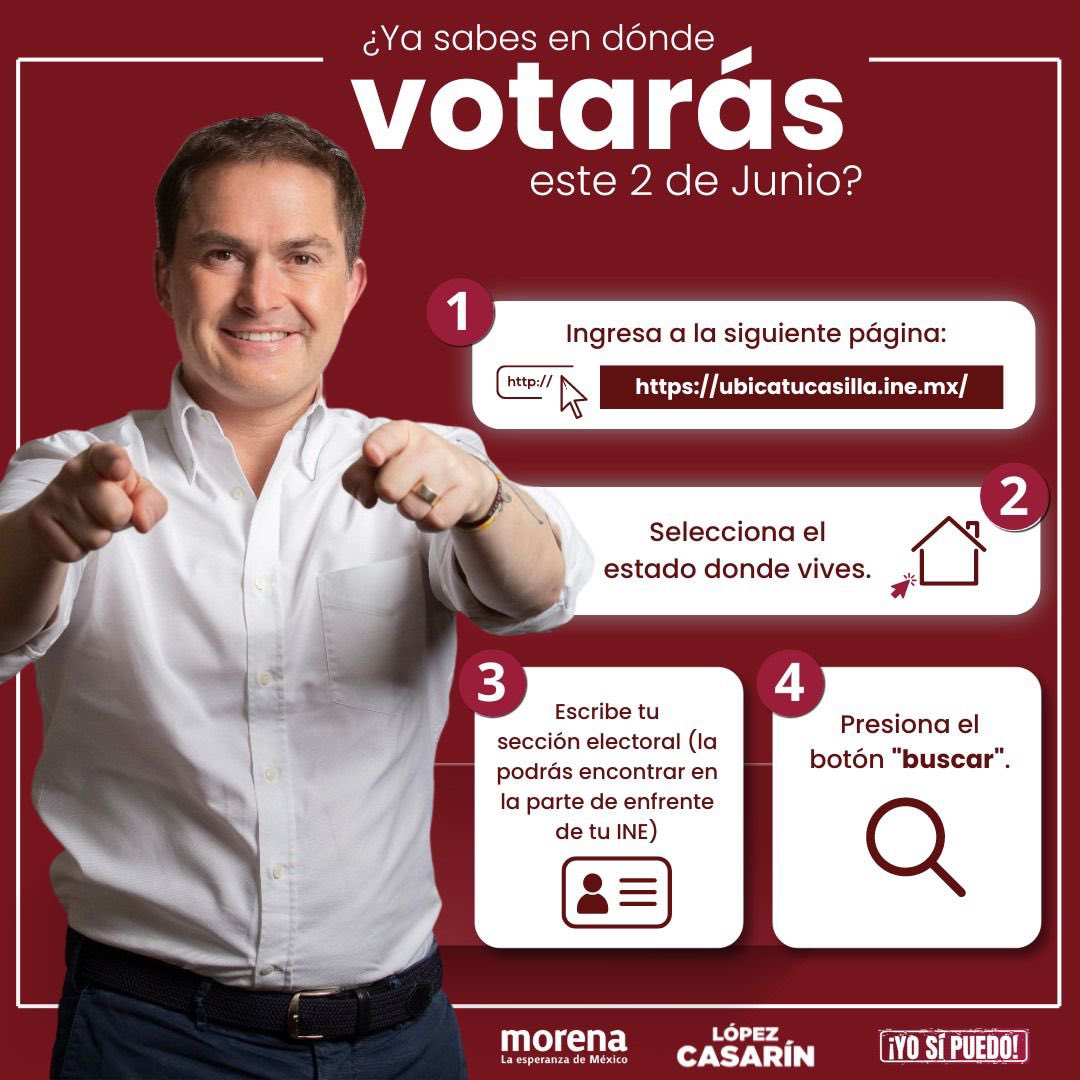 ¡Ubica tu casilla y vota este 2 de junio! Entra a ubicatucasilla.ine.mx Ahora ya sabes en qué lugar podrás hacer historia: #VotaTodoMorena . Aquí está tu próximo alcalde, #YoSíPuedo. ¡Ya ganamos! #UbicaTuCasilla2024 #ConCasarín #CasarínGana #AlvaroObregon #CasarínAlcalde