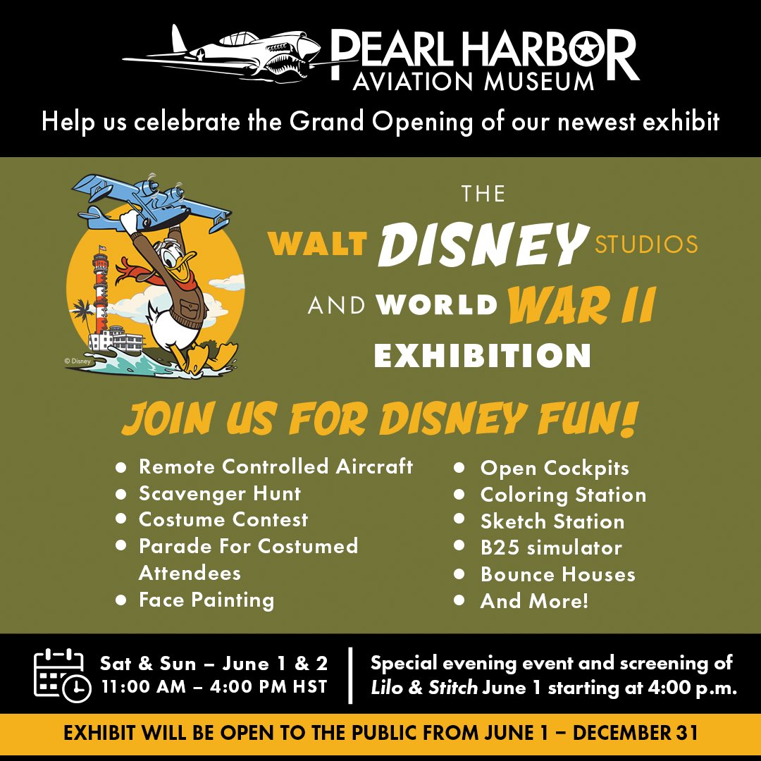 ✨ Join us for a magical Walt Disney weekend at Pearl Harbor Aviation Museum, June 1-2, 2024! 🎉 Celebrate the opening of "The Walt Disney Studios and World War II" exhibition and movie screening of “Lilo &amp; Stitch"! pearlharboraviationmuseum.org/visit/experien…