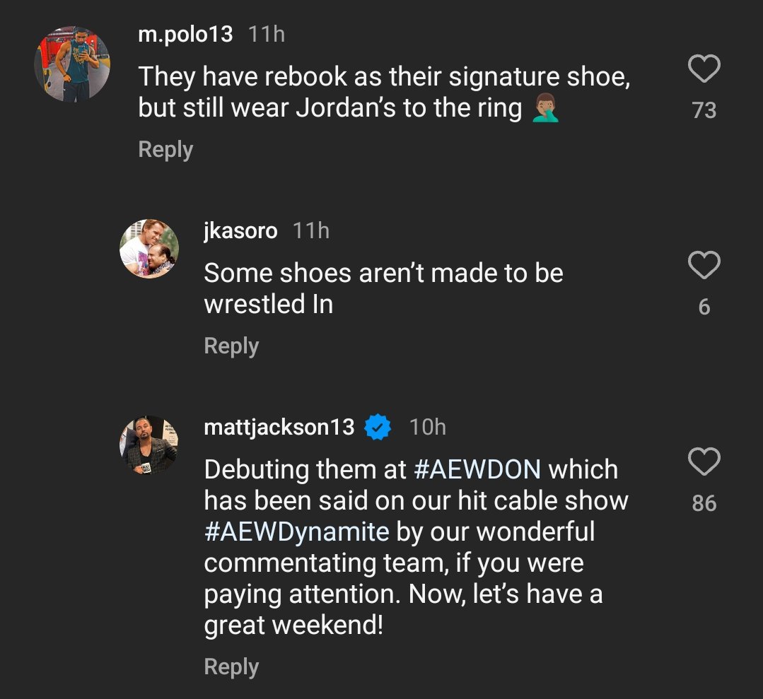 Matthew Jackson promoted their “hit cable show” AEW Dynamite and owned some trolls on IG at the same time. 😭