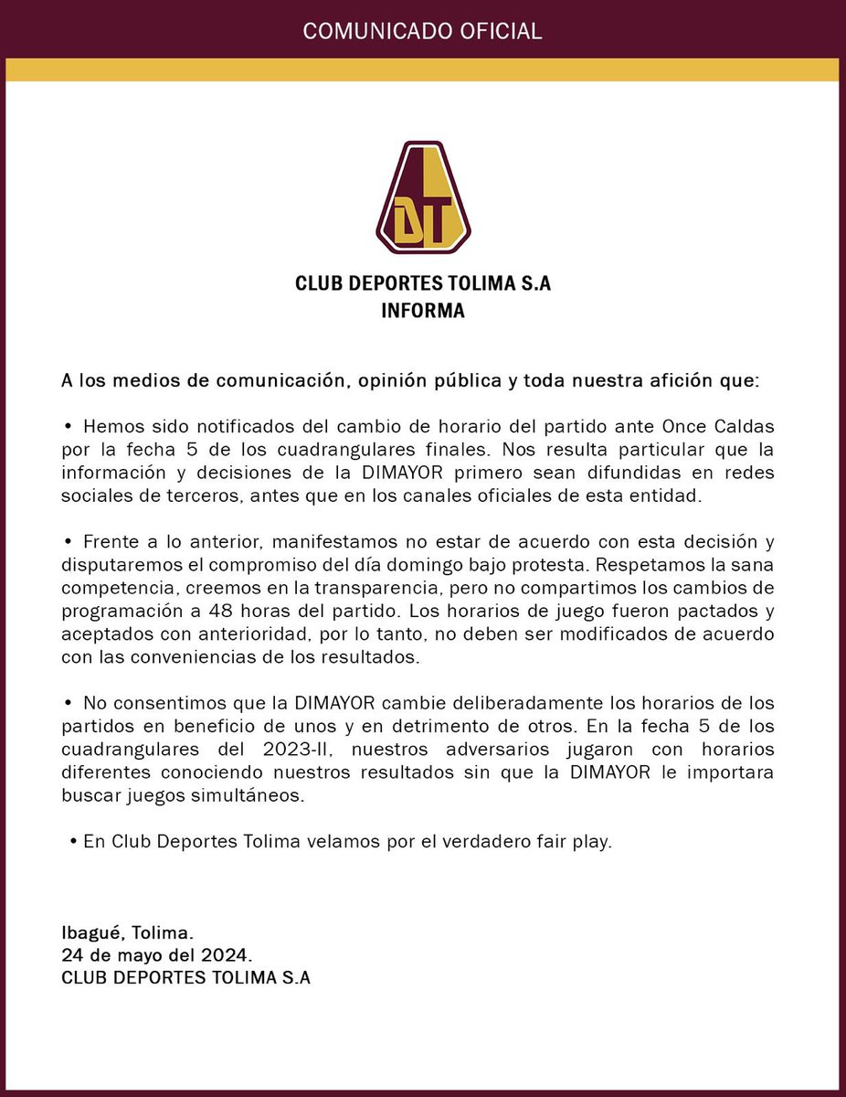 Lo de la @dimayor es una vergüenza. No pueden seguir favoreciendo a los equipos de la capital con el argumento de “juego limpio” cuando @SantaFe jugará contra un equipo ya eliminado.

Apoyo total al @cdtolima y su decisión de protestar en el partido del domingo ante @oncecaldas.