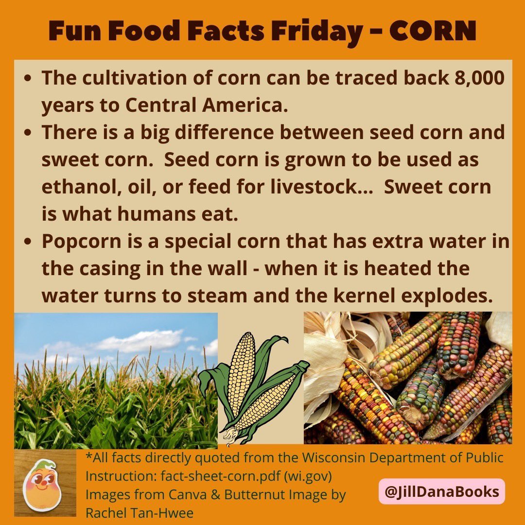 Fun Food Facts Friday - Food Facts for Kids

CORN*

For more #FunFoodFactsFriday, visit
@jilldanabooks on IG.

#WhereFoodComesFrom #FreshFromtheFarm #FarmFresh #ButternutBuddies #ButternutBook #LearnAboutFoods #SupermarketFun #FunFacts #forkids #FoodFacts #Corn #CornFacts