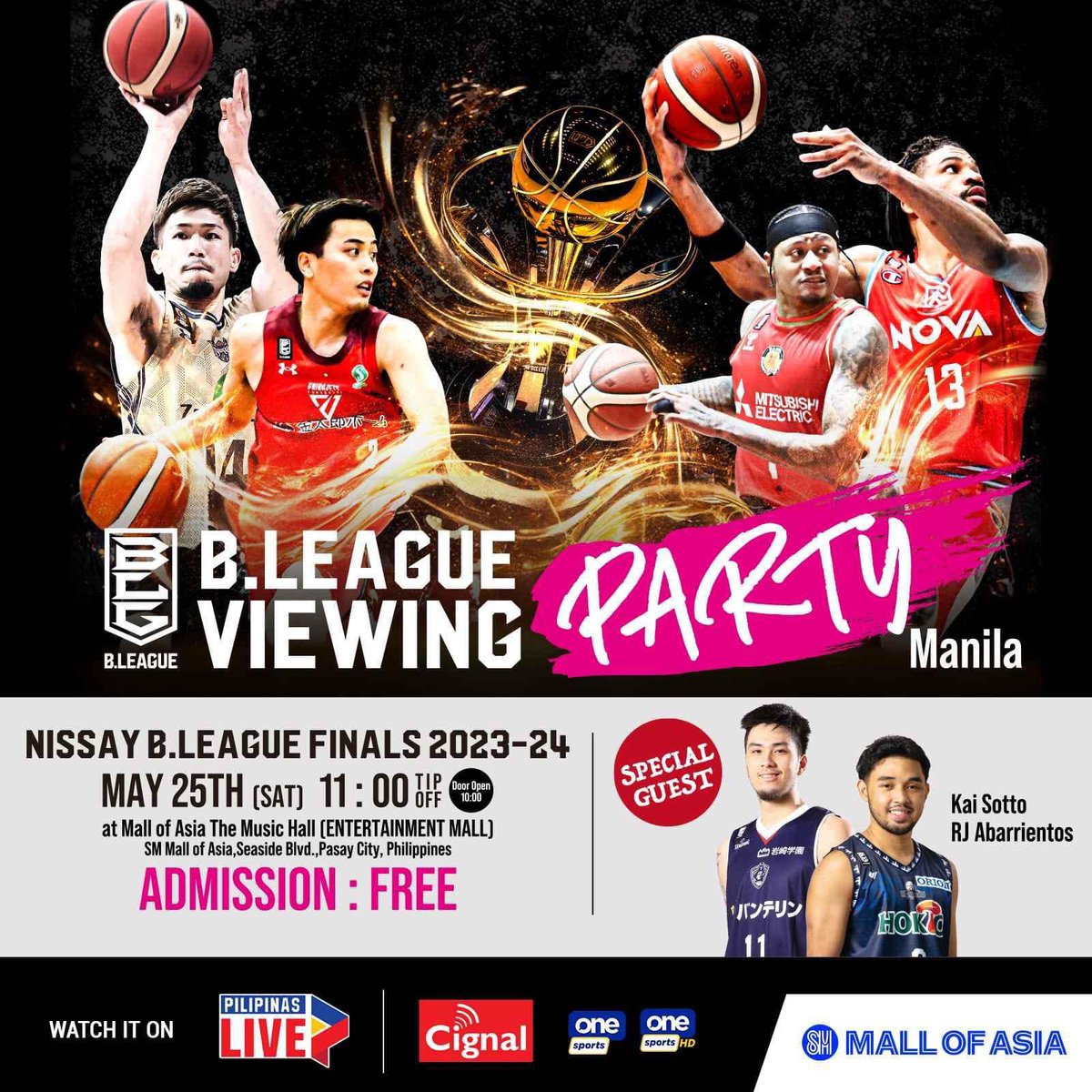 Get ready for an epic day at MOA! awesome booth activities, score freebies and prizes, and catch the B.League finals LIVE with fellow basketball fans 🏀

📍 Music Hall
🗓️ May 25th, 10am
⛹🏻 FREE admission!

And guess what? MEET &amp; GREET B.League stars Kai Sotto and RJ Abarrientos!