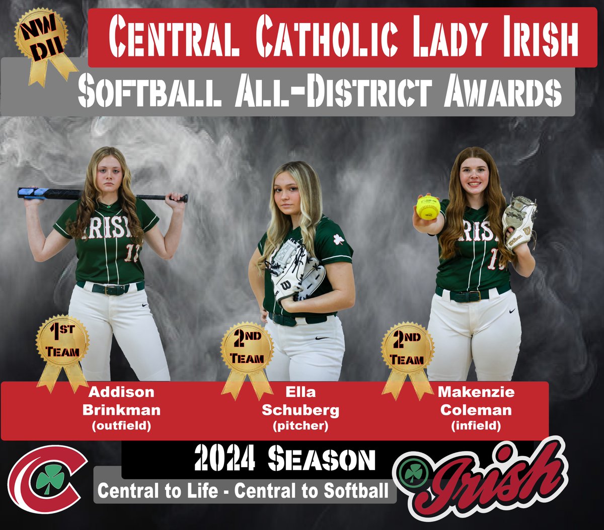 Congrats to our @centralcatholic Irish Softball players on their Ohio Division II, All-District honors! Addison Brinkman @addy_brinkman earned All-District First Team Honors. Ella Schuberg @ella_schuberg & Makenzie Coleman @KenzCole40 earned All-District Second Team Honors!