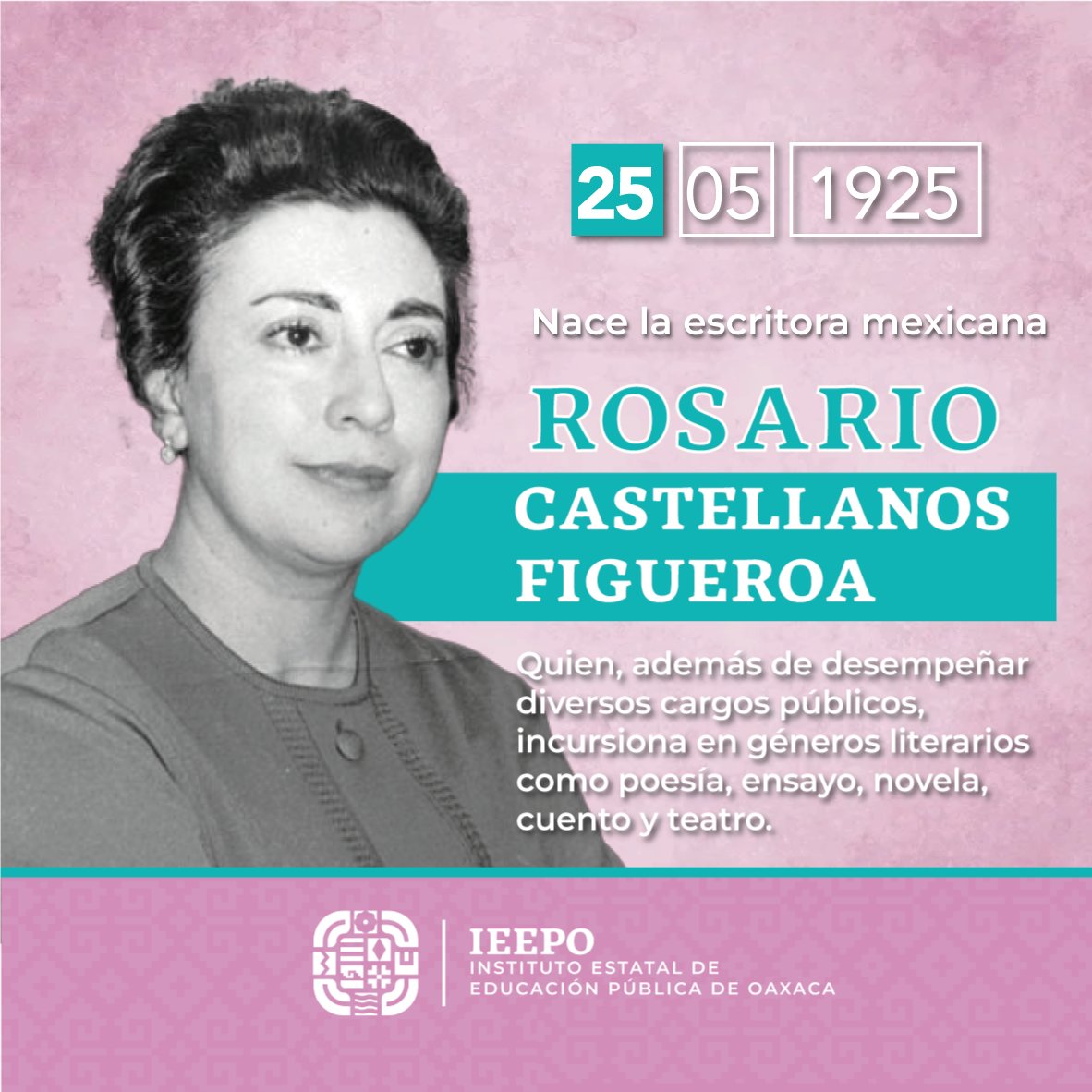 #UnDíaComoHoy pero de 1925, nace la escritora mexicana Rosario Castellanos Figueroa quien además de desempeñar diversos cargos públicos, incursiona en géneros literarios como poesía, ensayo, novela, cuento y teatro.