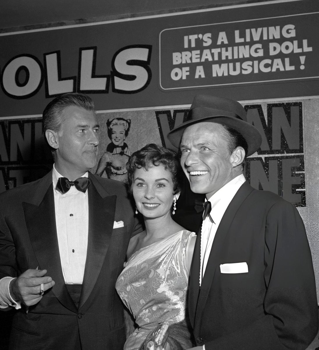 Jean Simmons, Frank Sinatra, and Simmons' husband Stewart Granger at the premiere of Guys and Dolls at the Capitol Theatre in New York City on November 3, 1955. Photo © Bettmann Collection.