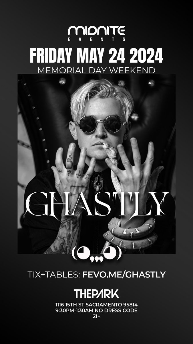 MidniteEvents's tweet photo. TONIGHT 👻 the man @Ghastly is back to spook #theparksac closing party 💥 $15/20 tix —> https://t.co/PkbyTk6p00

🎉 9:30pm-1:30am 💥 door tickets avail 🎉 opening sets by Zac black, Nay Jay https://t.co/MtcfbXo4UR