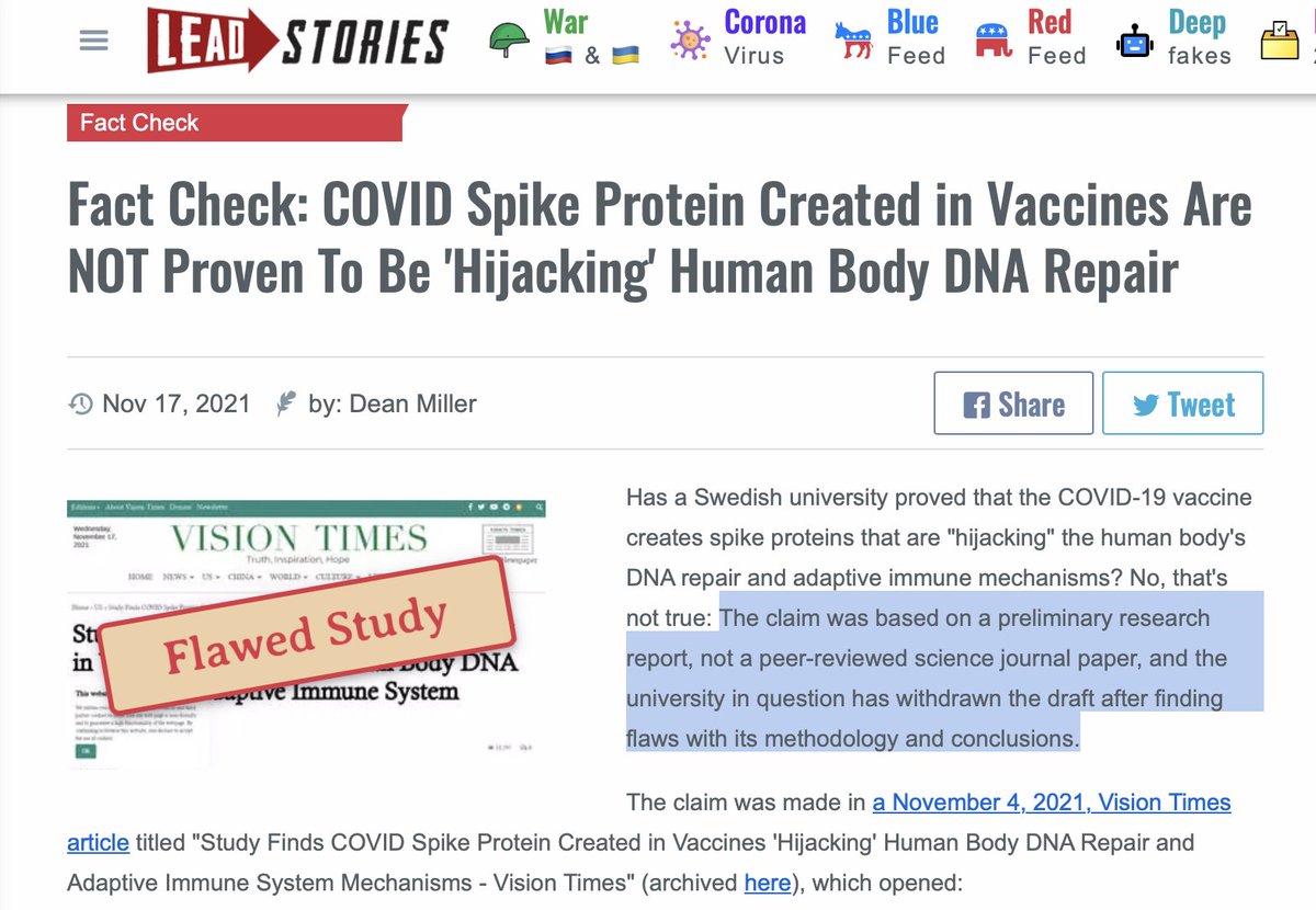 Researching for a soon-to-be-published investigation and found this blatantly false 'fact check' from @LeadStoriesCom claiming that a peer reviewed published paper was 'just a draft'. The author is just making it up! The 'fact checker' con is such an eye roll.