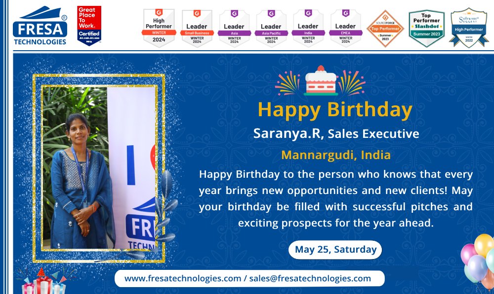 Happy Birthday to Saranya. R, Sales Executive

Happy Birthday to the person who knows that every year brings new opportunities and new clients! May your birthday be filled with successful pitches and exciting prospects for the year ahead.

#fresa #SalesExecutive  #happybirthday