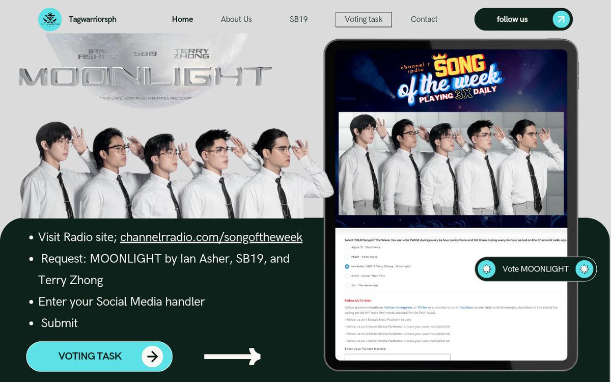 [⚔️] VOTING/RADIO REQUEST: CHANNEL R RADIO (Song of the Week) Don’t forget to vote for the following to maintain or secure their spots on Channel R Song of the Week: Ian Asher, SB19 & Terry Zhong - Moonlight FELIP - Fake Faces *Vote 2X every 24 hours on the website. 🔗
