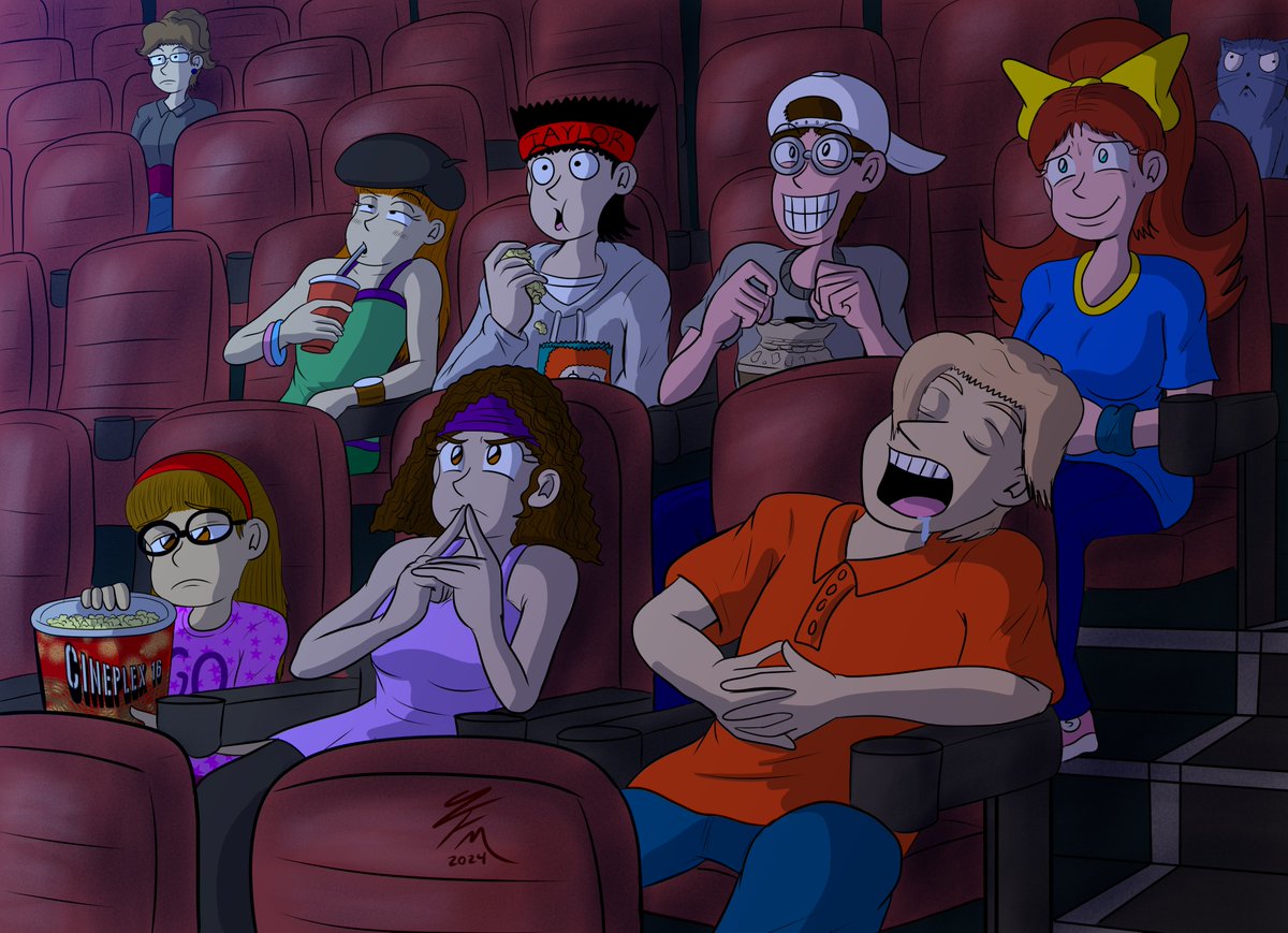 Hey hey! Here's a commission I finished of some J&T characters watching 'Dune' in the theater. Cassidy and Jane are confused, Maria's bored, Cindy's paying attention to story changes in the movie, and David fell asleep 17 minutes in.  But at least Jeff and Taylor are into it.