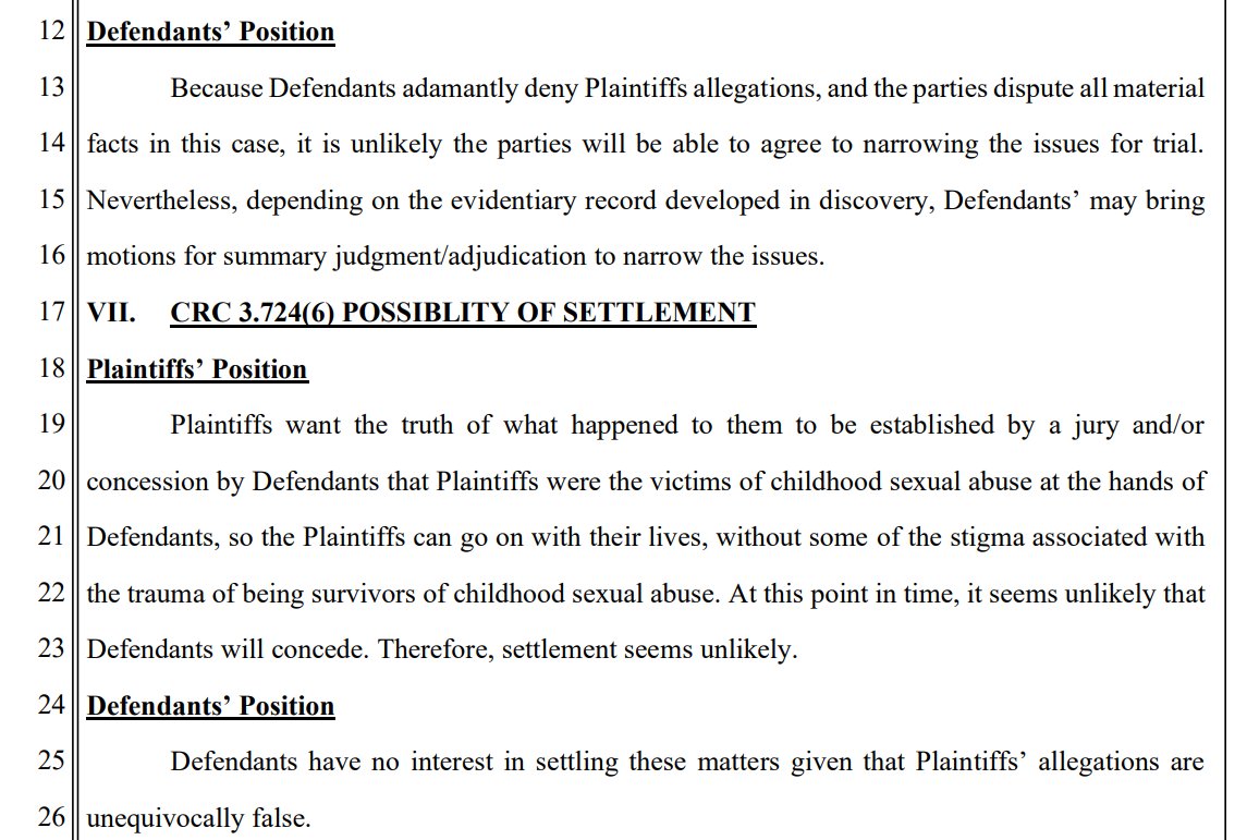 Once again, Wade & James express a willingness to settle privately before trial, hopeful for a 'concession by defendants...so plaintiffs can go on with their lives.' MJ's side 'has no interest in settling these matters given the Plaintiff's allegations are unequivocally false.'