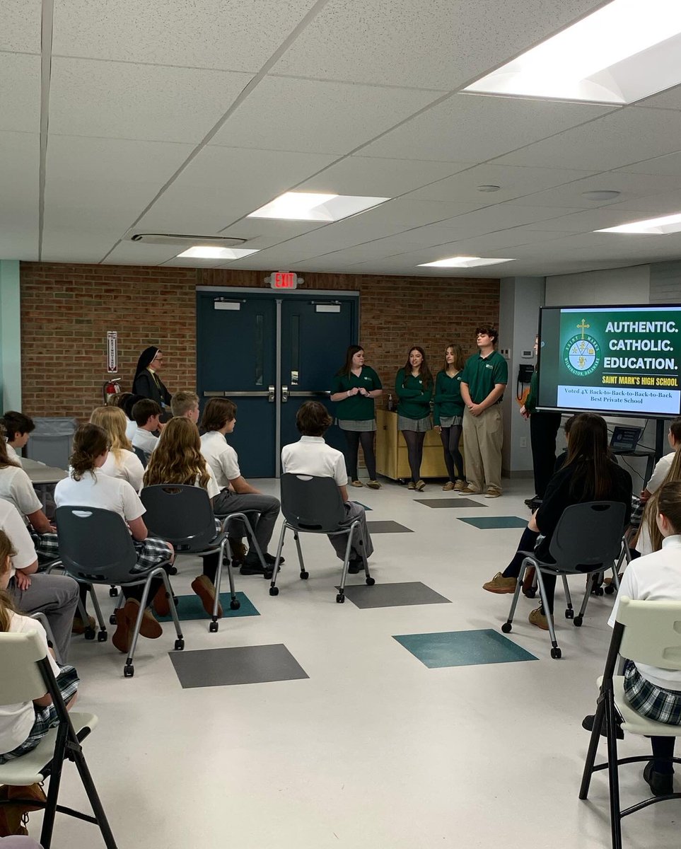 Our Spartan Ambassadors traveled to @MountAviat this week to meet their 6th & 7th grade students! Current #SaintMarksHS Spartans, Peyton Wikes ‘25, Charley Fockler ‘25, Linden Summers ‘27 & Aidan Venters ‘25 enjoyed sharing their exciting #SaintMarksHS experiences! #SpartanStrong