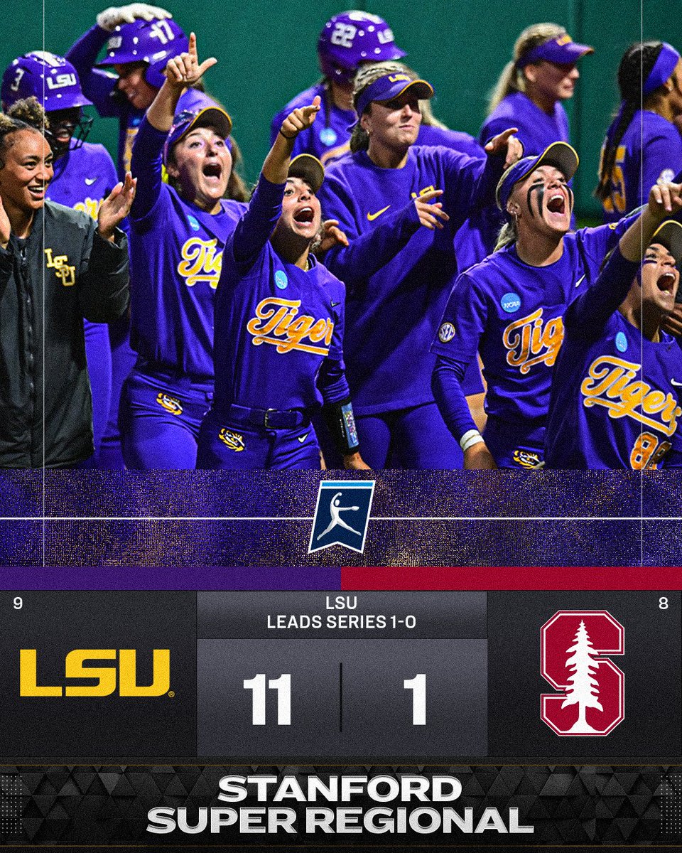 NO STOPPING THE TIGERS 🐯 (9) @LSUsoftball let loose with an eight run fifth inning to run rule (8) Stanford, 11-1 (5 inn.), in Game 1 of the Stanford Super Regional. #RoadToWCWS