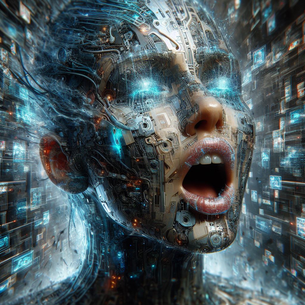 Prompt Share: Cybernetic Uprising: A woman's face, her skin a mesh of circuitry and wires, holographic lips frozen in a defiant scream, as she's trapped within a labyrinth of corrupted code and shattered computer icons.