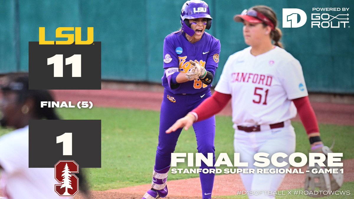FINAL SCORE: LSU 11, Stanford 1 (5-innings) @LSUsoftball takes a 1-0 lead in the Stanford Super Regional. Presented by @Go_Rout