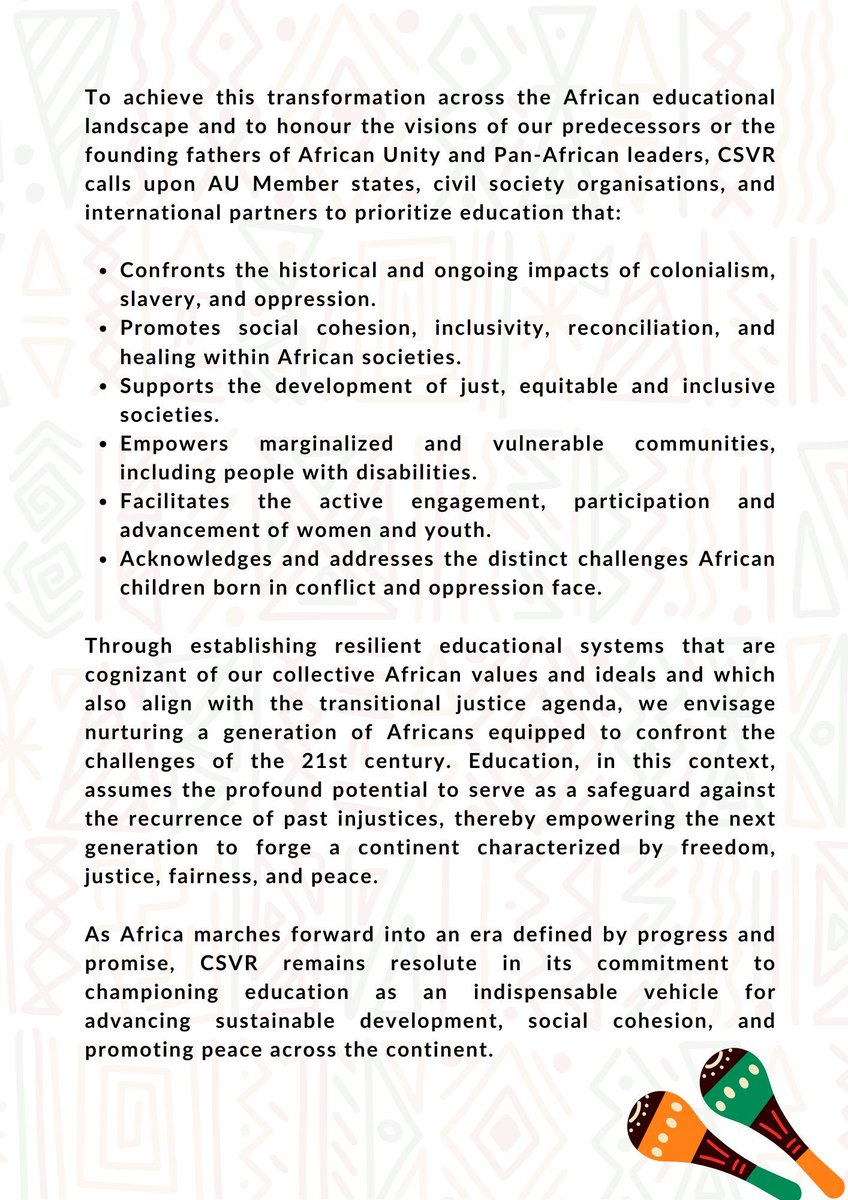 _CSVR's tweet photo. Today, we celebrate Africa Day by aligning with the African Union's theme of "Educate an African Fit for the 21st Century." Let's build resilient education systems for inclusive, lifelong, and quality learning for all. 

#AfricaDay #CSVRAdvocacy #CSVR35 #EqualEducationForAll. https://t.co/CMFhiNsvdg
