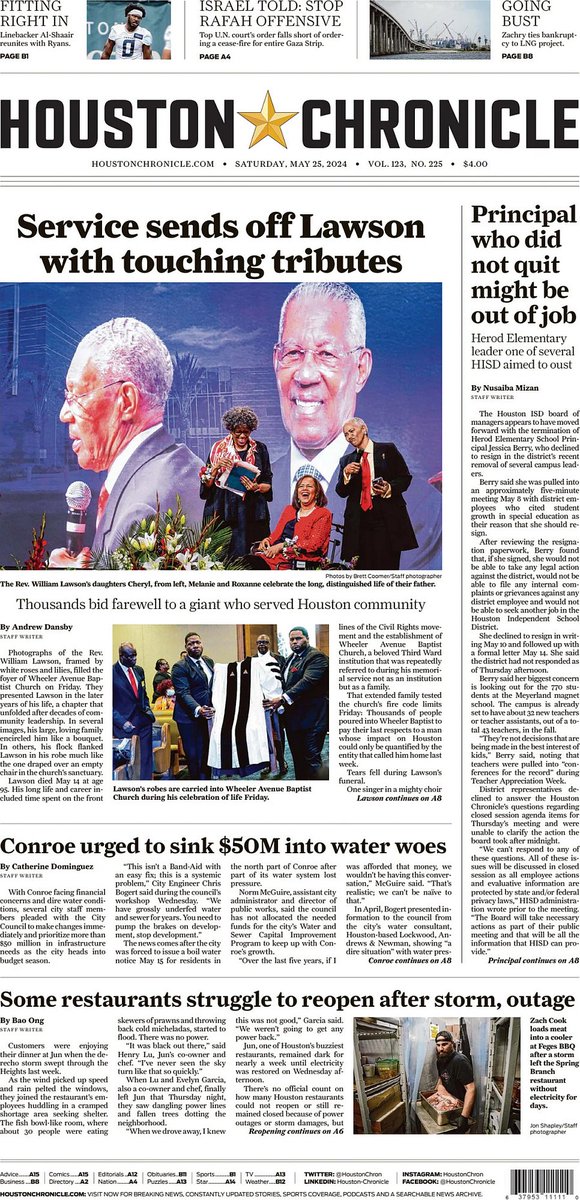 🇺🇸 Service Sends Off Lawson With Touching Tributes ▫Houston politicians, religious leaders and community give Rev. Bill Lawson a touching sendoff at church he founded ▫@andrewdansby ▫is.gd/XIoqhW 👈 #frontpagestoday #USA @HoustonChron 🇺🇸