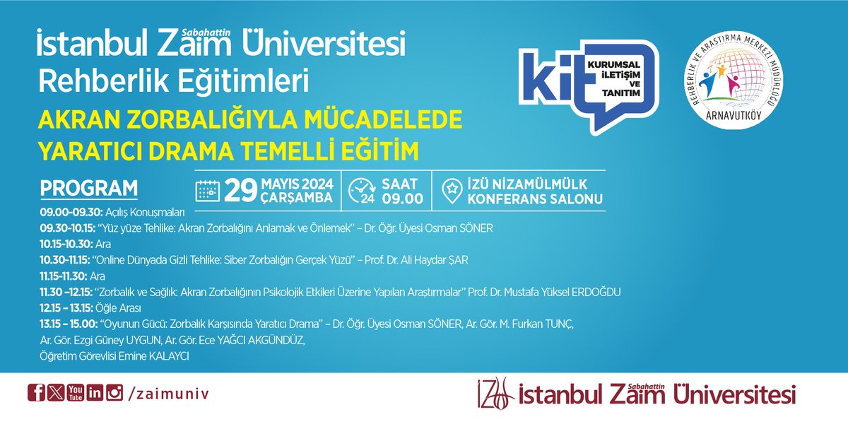 İZÜ Rehberlik Eğitimleri hız kesmeden devam ediyor! Kurumsal İletişim ve Tanıtım Daire Başkanlığı ve Arnavutköy RAM ortaklığıyla organize edilen “Akran Zorbalığıyla Mücadelede Yaratıcı Drama Temelli Eğitim” konferansı, alanında uzman isimlerin konuşmalarıyla gerçekleşecek. #IZU