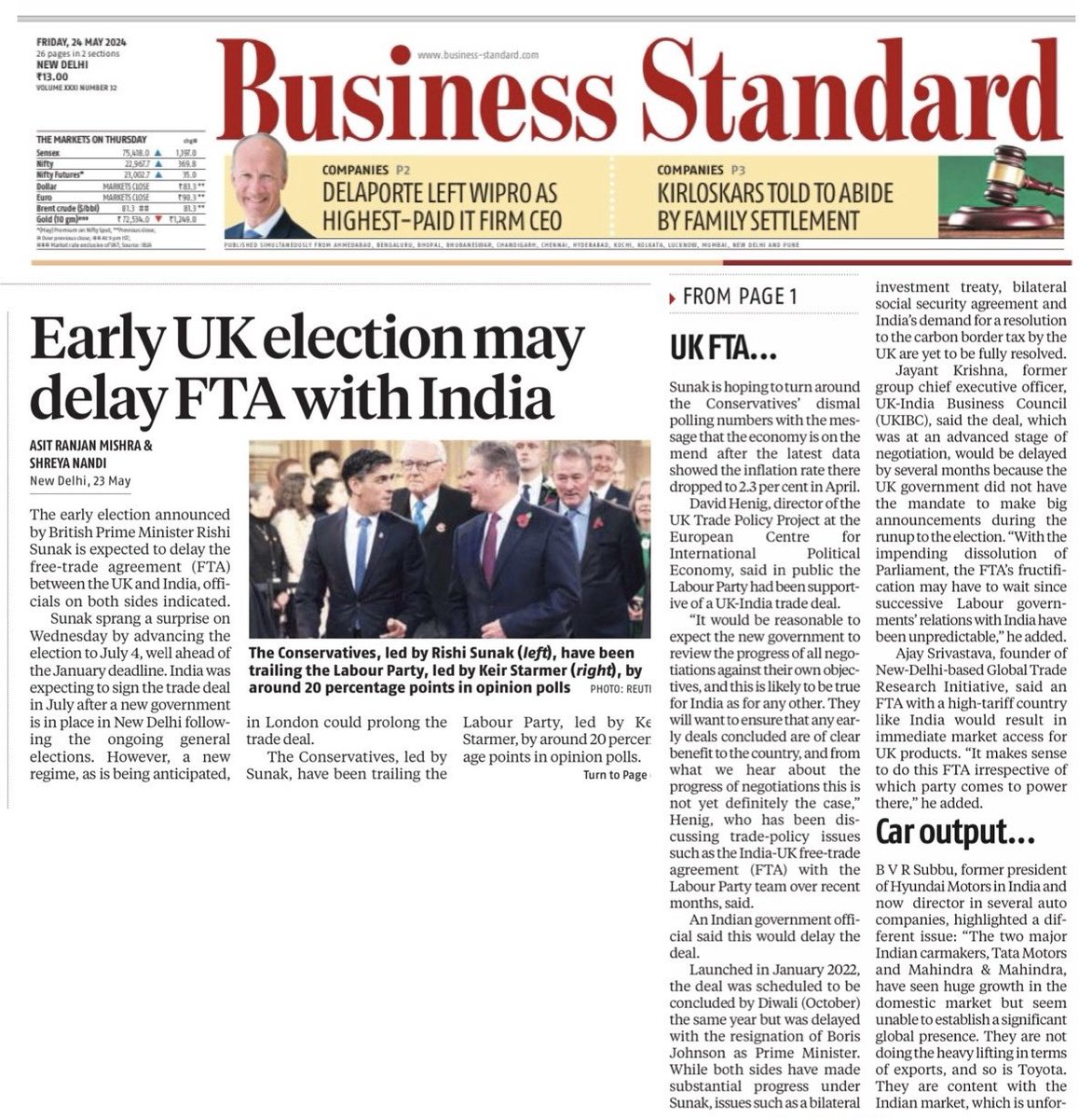 May go through my views in Business Standard @bsindia on @RishiSunak’s announcement of an early election in the UK and its effect on Free Trade Agreement (FTA) which was at an advanced stage of negotiation and would be delayed by several months because the UK government does not