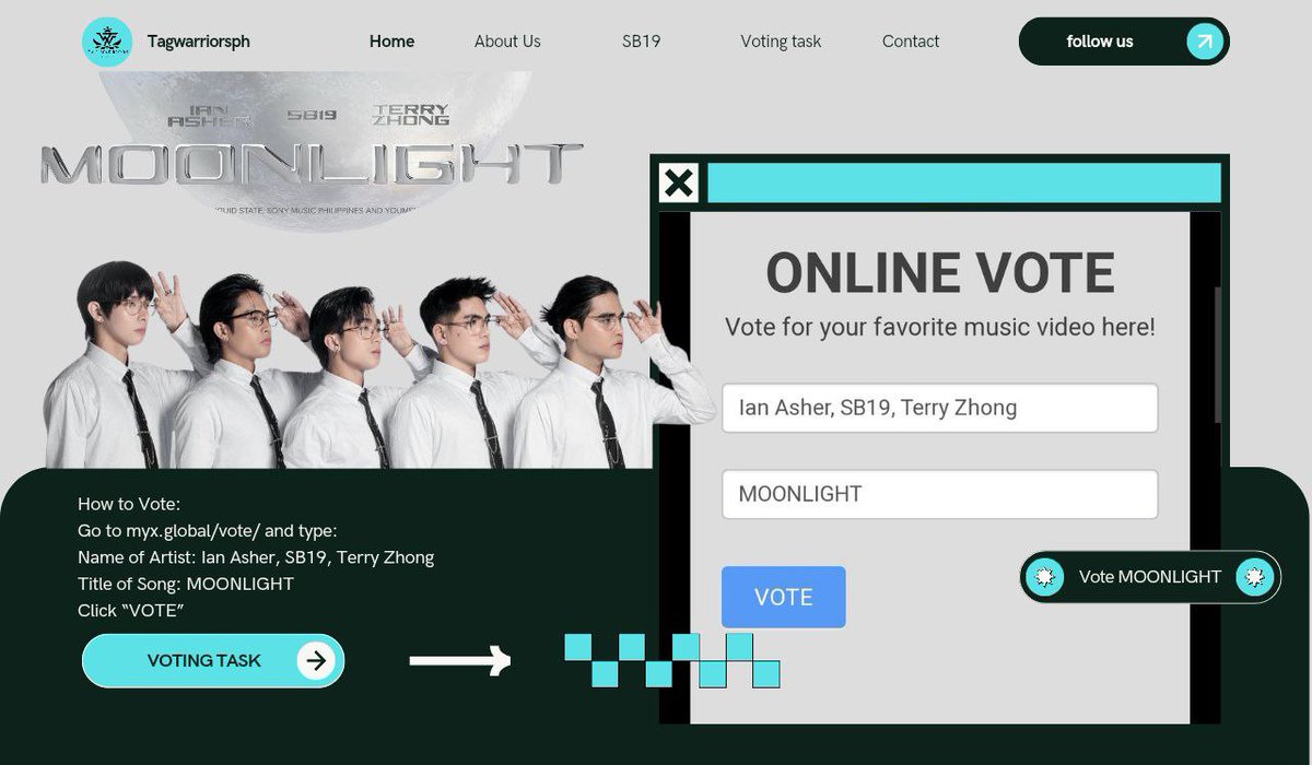[⚔️] VOTING TASKS: MYX Cast your unlimited votes! Vote for the following SB19 and solo songs and please take note of the entry format. ⬇️ Song Title: MOONLIGHT Artist/s: Ian Asher, SB19, Terry Zhong Song Title: DETERMINADO Artist/s: PABLO X JOSUE Song Title: Yoko Na