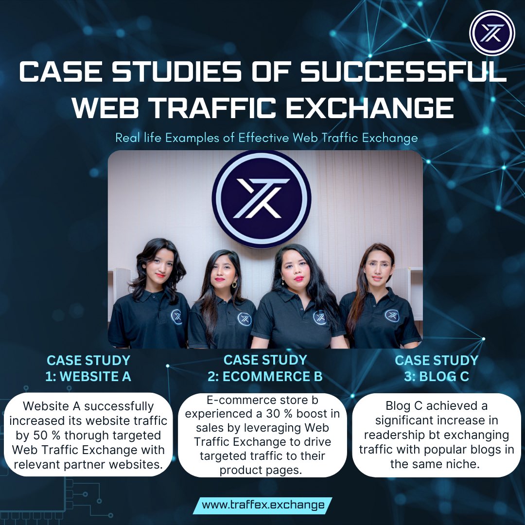 Traffexexchange's tweet image. See the impact From a 50% traffic increase for Website A to a 30% sales boost for E-commerce B, and a readership surge for Blog C, our case studies showcase real success stories. Discover how you can achieve similar results at traffex.exchange!&quot; 🚀📈🌐

#WebTrafficExchange