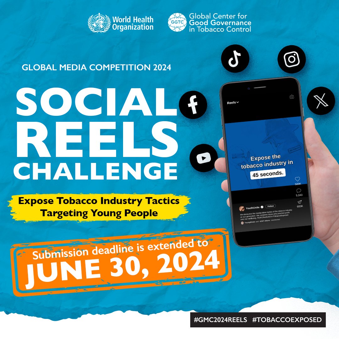 🚀 Big Announcement! 🚀 The submission deadline for the Social Reels Challenge is now EXTENDED! Submit by June 30, 2024. #GMC2024reels #TobaccoExposed Need inspiration and facts for your reels? ▶️ bit.ly/GMC2024Tips How to join? ▶️ bit.ly/GMCggtcwho