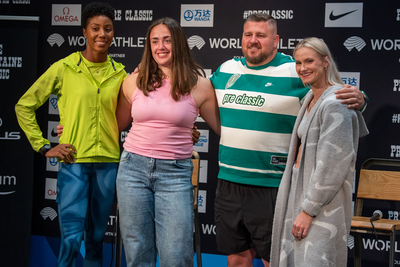 This is the second session of the NIKE PRE Classic presser, featuring the field event athletes Shanieka Ricketts, Jorinde Van Klinken, Joe Kovacs, and Katie Moon, with deep thoughts by Larry Eder, buff.ly/4bx5MBU , #Nikepreclassic, #katiemoon, #shaniekaricketts,
