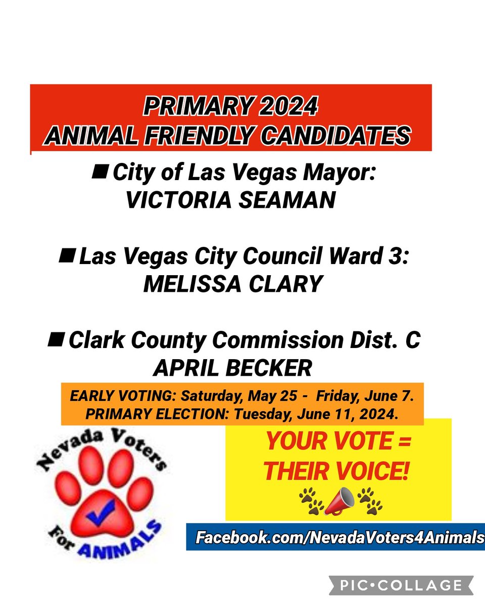 🚨 IMPORTANT VOTER INFO 🚨ANIMAL FRIENDLY CANDIDATES! ✔️ 🐾 🗳 Early Voting Begins, TOMORROW!! SHARE! The Early Vote period begins on Saturday, May 25, and runs through Friday, June 7. The Primary Election will be held on Tuesday, June 11, 2024.