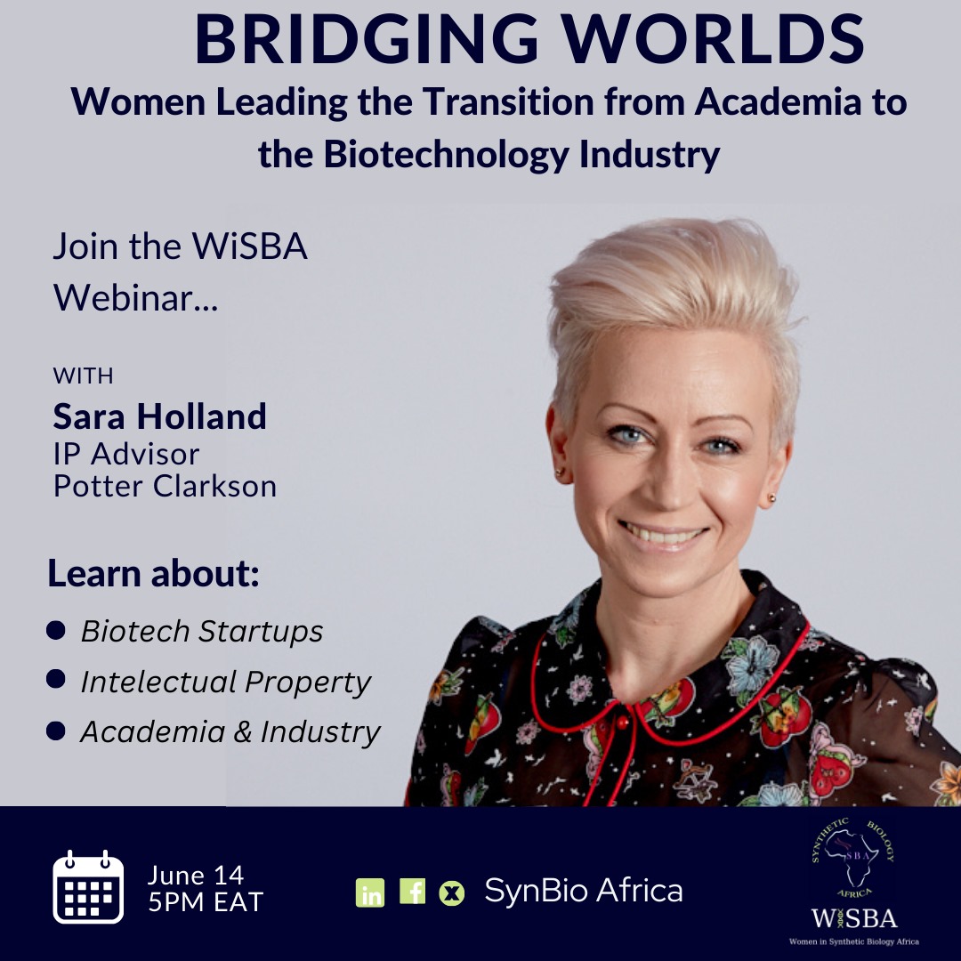 Webinar alert !
Women in Synthetic Biology Africa (WiSBA), an initiative by @SynBioAfrica, will be hosting a webinar with the renowned and famous #Sarah #Holland as a guest speaker.
Date: 14th June 2024 (5 Pm EAT)
Register: lu.ma/uhgswwfo
Key topics: #IP #Biotech
