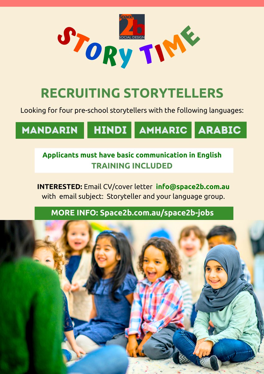 Space2bDesign's tweet photo. Space2b: RECRUITING STORY TELLERS⁠
⁠
Space2b is looking for 4 x story tellers for pre-school kids in the following languages:⁠
⁠
ARABIC - HINDI - AMHARIC - MANDARIN⁠
⁠
more info :
https://t.co/9ci7v7VC88  https://t.co/c75cSbAVS1
