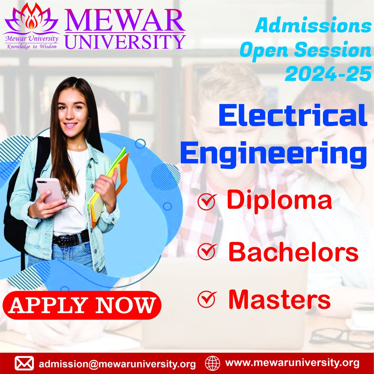 Department of #ElectricalEngineering || #AdmissionOpen 2024-25

Programs Offered
👉 #Diploma
👉 #BTech
👉 #MTech

🌐 mewaruniversity.org

#CUET2024 #TopUniversityInRajasthan #MewarUniversity #KnowledgeToWisdom #Technology