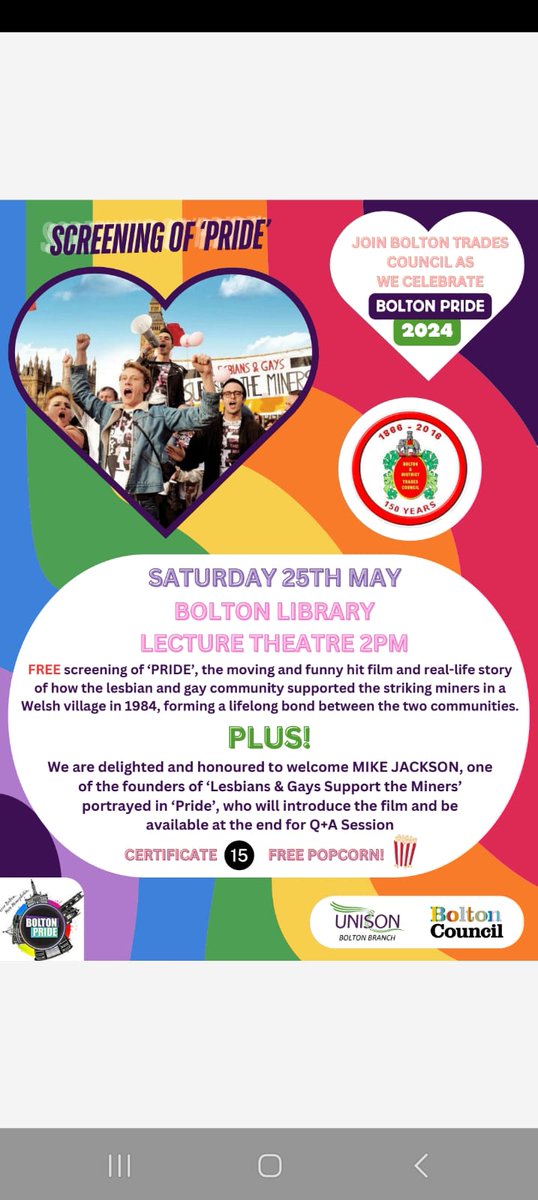 Later at 2pm, in collabouration with <a href="/BoltonPride/">Pride Bolton (Bolton Pride)</a> we will be showing <a href="/PrideMovie/">Pride</a> introduced by <a href="/LGSMpride/">LGSM</a> founder member Mike Jackson.  Join us #Bolton #boltonpride