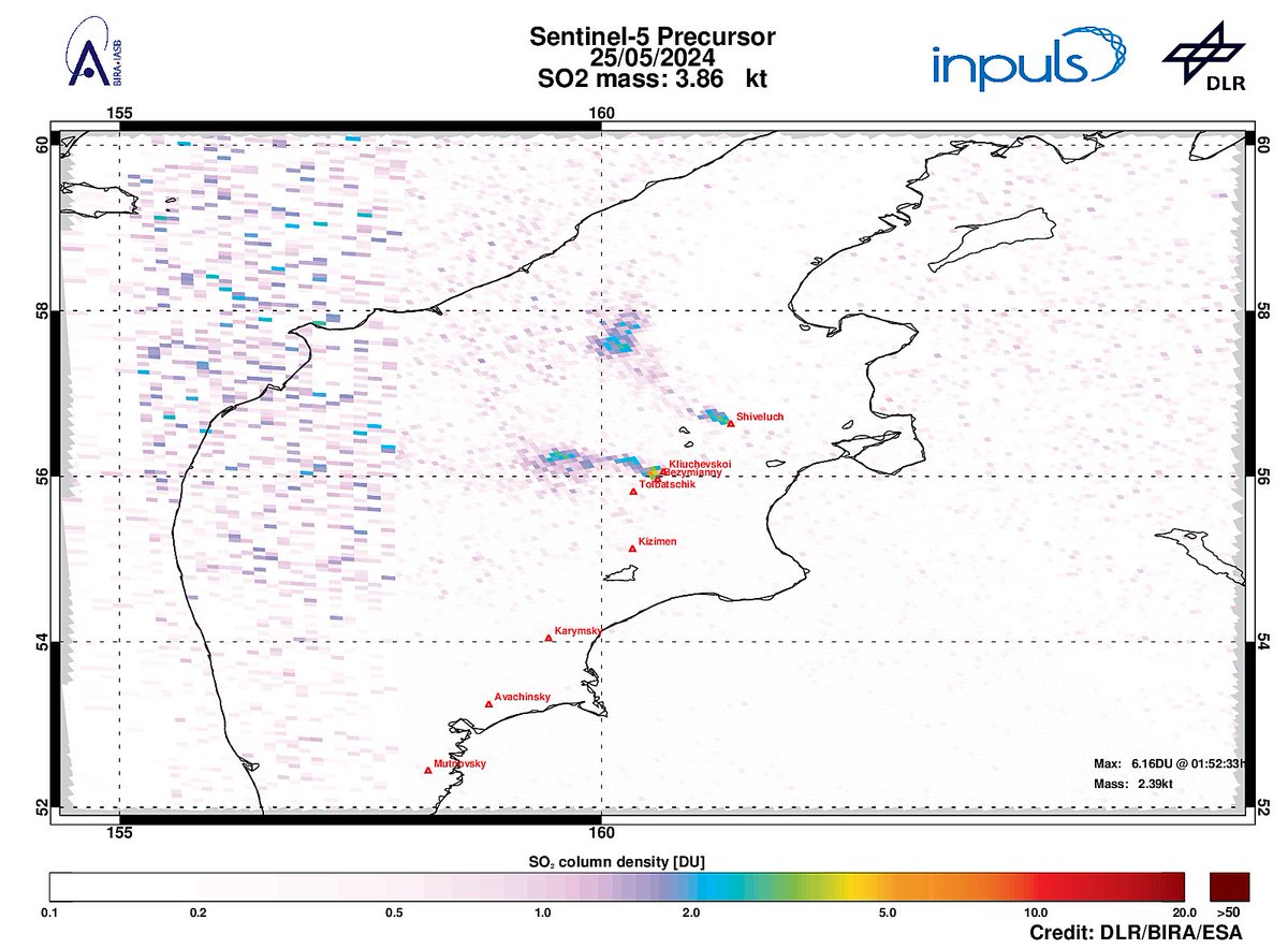 On 2024-05-25 #TROPOMI has detected an enhanced SO2 signal of 6.16DU at a distance of 8.6km to #Bezymianny. Other nearby sources:  #Kliuchevskoi #Tolbatschik #Shiveluch. #DLR_inpuls @tropomi #S5p #Sentinel5p @DLR_en @BIRA_IASB @ESA_EO #SO2LH