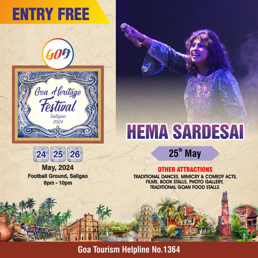 Goa's Pride Hema Sardesai , will be performing at the Goa Heritage Festival today. Don't miss her enchanting performance! #GoaTourism #RegenerativeTourismGoa #GoaBeyondBeaches #GoaHeritageFestival2024 #Goa