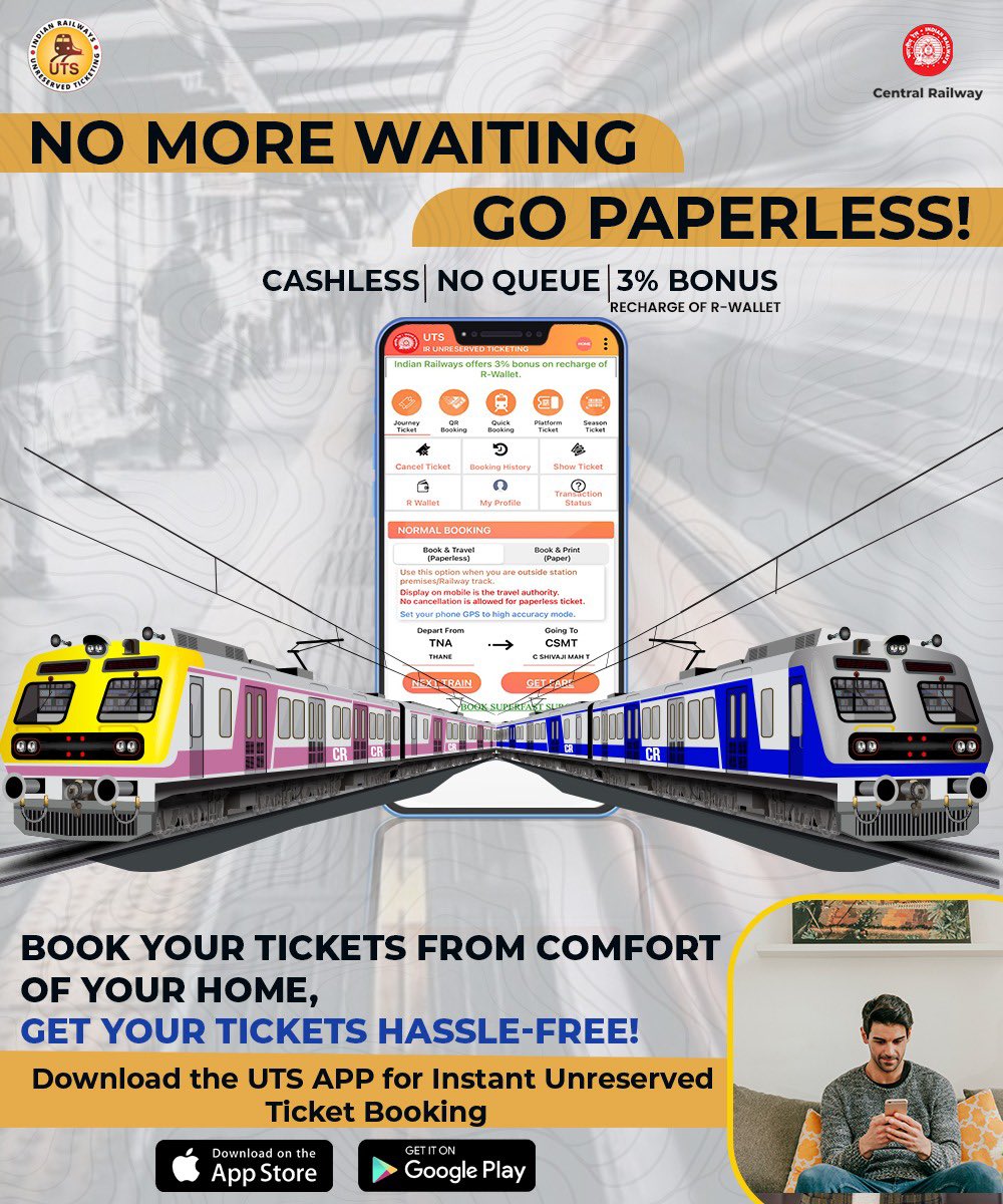 Say goodbye to waiting in lines! Get your tickets anywhere, anytime. Embrace easy travel with the UTS app. Go paperless now! 
#CentralRailway #uts