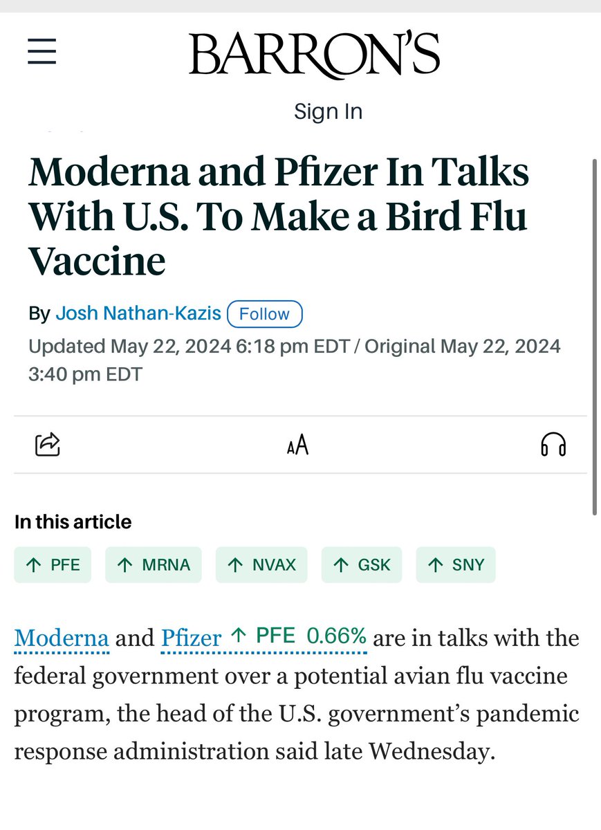 I guess we now know why for the last several months, every news organization has been running fear porn stories about the bird flu 👇🏻 Moderna and Pfizer are both engaged in discussions with the U.S. government to develop mRNA-based vaccines for the H5N1 bird flu virus. These