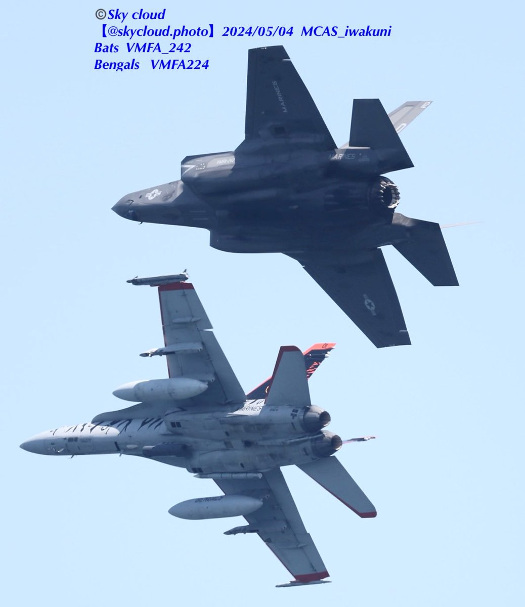 blue2impulse3's tweet image. Sky cloud--m.nishioka _No.0145
#VMFA_242  #Bats　
#F35B　#LightningⅡ
#Bengals #VMFA224 
#FightingBengals  #FA18  
#アフターバーナー  #afterburner🔥
#ベイパー☁️
#formation
✈︎✈︎✈︎✈︎
#岩国基地フレンドシップデー
#iwakunifriendshipday2024 
#岩国基地フレンドシップデー2024予行…