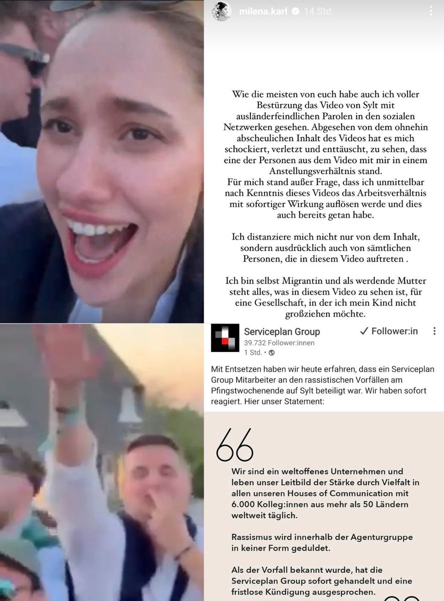Diese beiden Nazis aus dem #Sylt Video sind ihre Jobs los 🥳 
Die Nazi Göre die das Video gefilmt hat arbeitete für die Influenzerin Milena Karl die nicht lange zögerte ihrer Mitarbeiterin zu kündigen. 
Und der Nazi mit Hitlergruß arbeitete in der Werbeagentur Serviceplan die so
