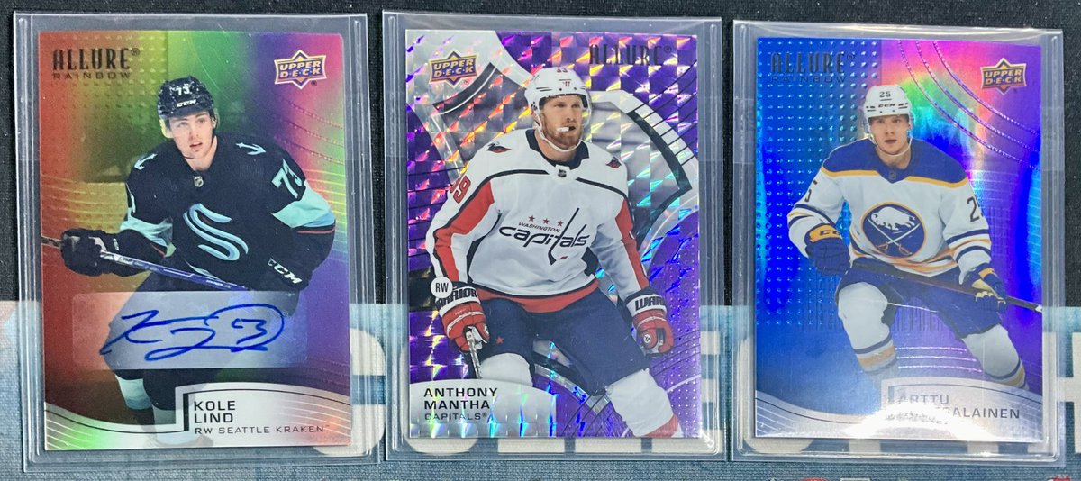 supermikeio's tweet photo. Welp I got itchy and picked up a Hobby Box of @UpperDeckHockey 2021-22 Allure, always a fun break and at a good price. #1packaday @SeattleKraken @Capitals @BuffaloSabres https://t.co/sGrtmcmeSq