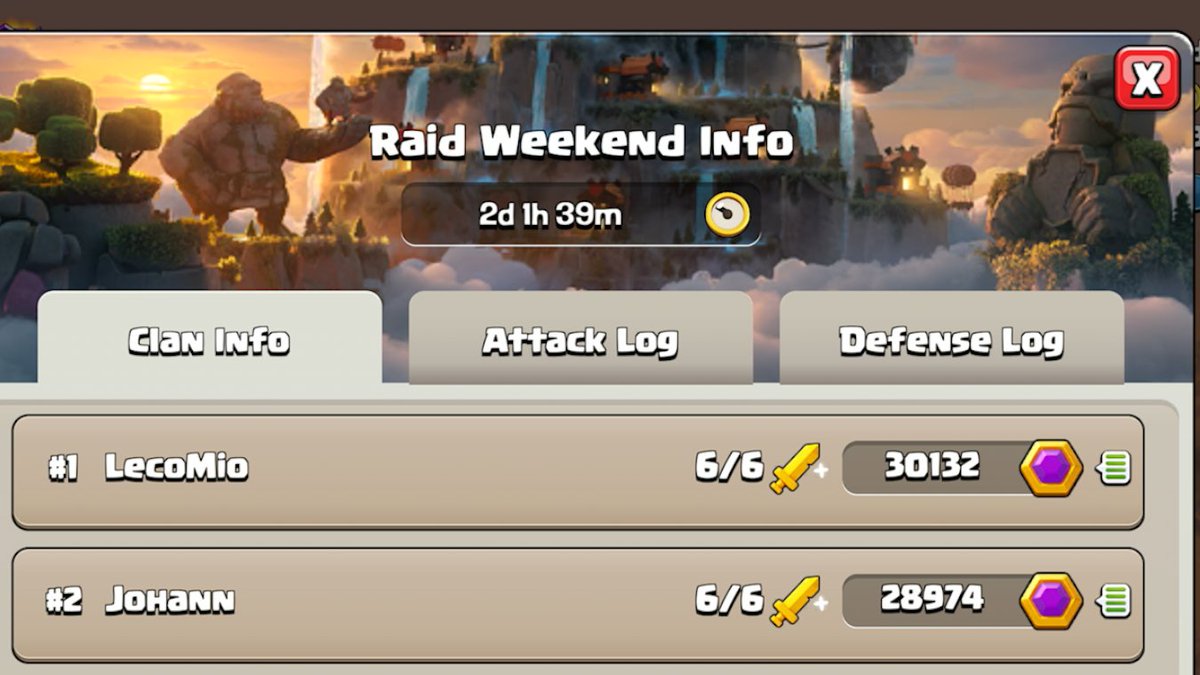 🏆 Raid Weekend 🏆

⏳ 6 Attacks Done ? ⏳

🎮 Event - Clash of Clans 🎮
#ClashWithHaaland #ClashOn #Mobile