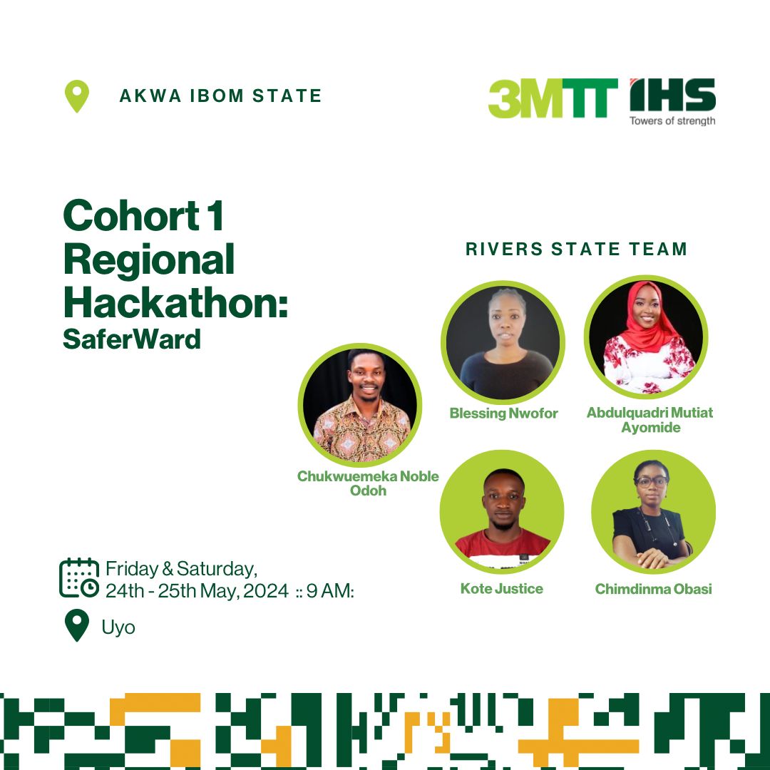 Innovation lies at the heart of what we do at SaferWard Lab.

Wish us well as I represent my Team at the ongoing @3MTTNigeria Regional Hackathon happening at Uyo Akwa Ibom State.

#3mttlearningcommunity 
#TechForGood