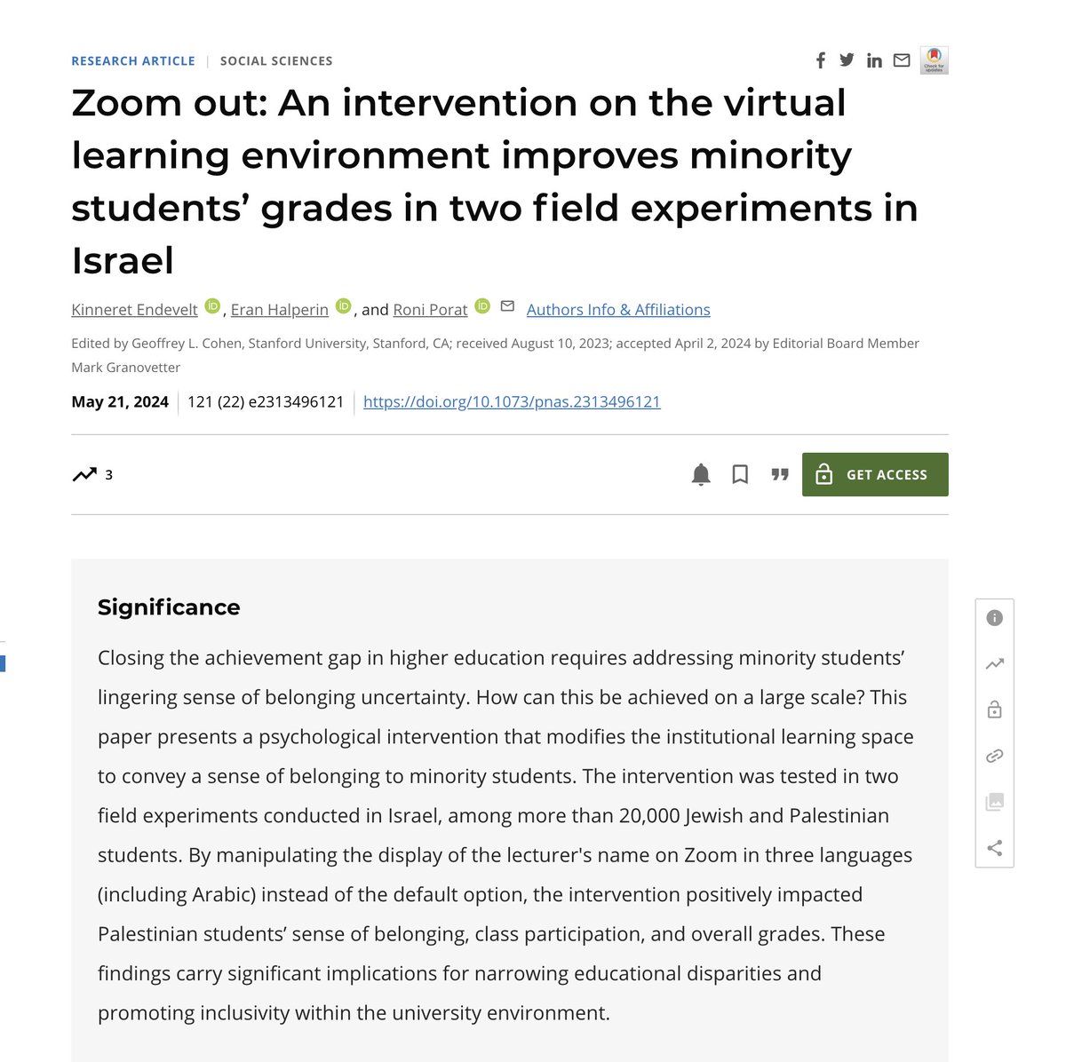ronchuli's tweet image. What can institutions do to improve minority achievements in higher education? In a new paper led by the incredible @KEndevelt, and co-supervised with @eranh75_eran, we test a light-touch intervention to foster belonging