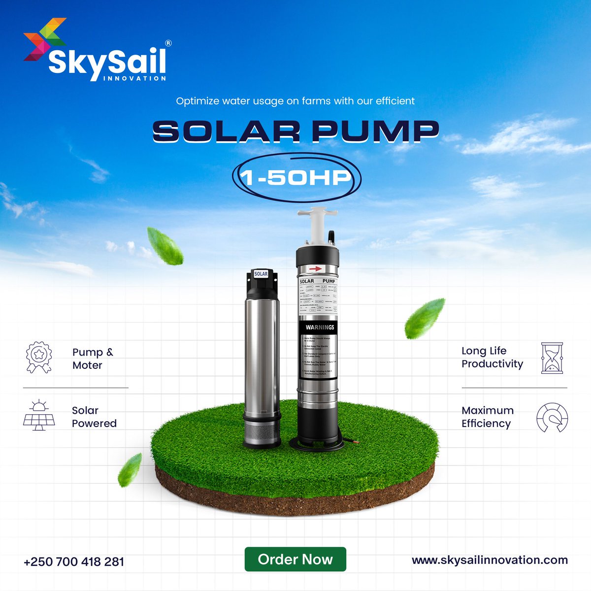 🌱 Optimize water usage on farms with SkySail Innovation's efficient Solar Pump 1-50HP! 🌞 Harness the power of the sun to irrigate your fields sustainably and efficiently. Let's cultivate a greener tomorrow together! 💧 #SkySailInnovation #SolarPump #SustainableAgriculture