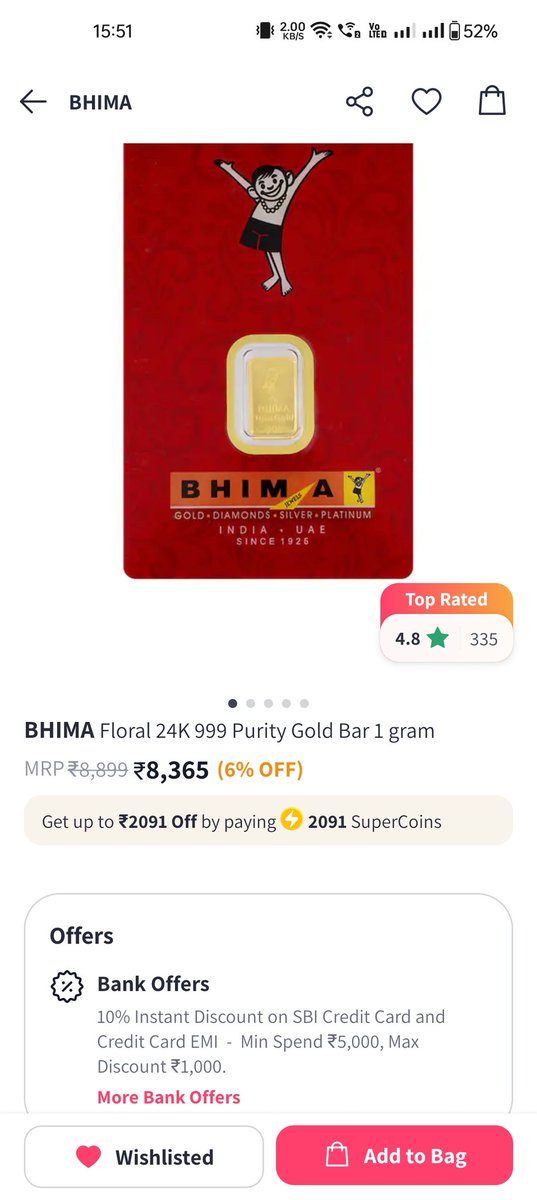 Gold deal 🚨
Do you have M yntra insider account and Flip kart supercoins lying around without any use??

Now redeem supercoins for your purchase on myntra. You can purchase 1g gold and redeem up to 2100 supercoins.

Only worth it if one have 1500+ supercoins in my opinion.

The
