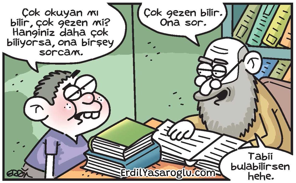 erdilyasaroglu's tweet photo. - Çok okuyan mı bilir, çok gezen mi? Hanginiz daha çok biliyorsa, ona bir şey soracağım.
- Çok gezen bilir. Ona sor… Tabii bulabilirsen hehe…
.
#Komikaze #karikatür #komik #mizah #erdil #erdilyasaroglu #gezen #okuyan #felsefe #soru https://t.co/Je0Ss1vksk