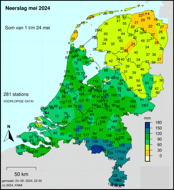 Dit is de kaart met de neerslag van de afgelopen 24 uur op de KNMI-stations. Er zijn echter ook plaatsen waar duidelijk meer regen is gevallen. Zo heeft het KNMI nog ruim 300 neerslagstations die de mazen in de wet opvangen. Mei is hard op weg om een toppositie te bemachtigen op