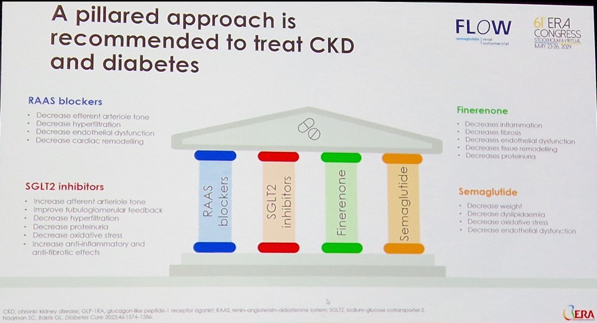 💈 4 pillars of treatment of CKD and diabetes

✅RAS blockers

✅SGLT 2 inhibitors

✅ Finerenone

✅Semaglutide FLOW 🤩

<a href="/ERAkidney/">ERA - European Renal Association</a> #ERA24