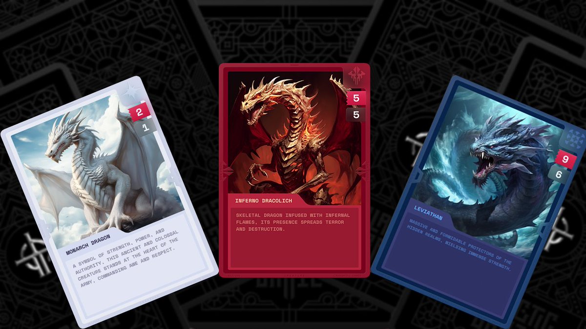 The Three Dragons of #GalacticGrail! When you summon these #monsters your opponent's end is near! 💥 One thing i love about $NAKA design choice for the #Web3 collectible card game is we have a distinct 🎨 color for each type of card #deck. That really makes them feel